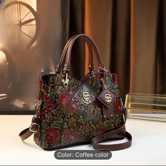 Floral Embossed Leather Shoulder Bag - Coffee - Picture 10 of 10